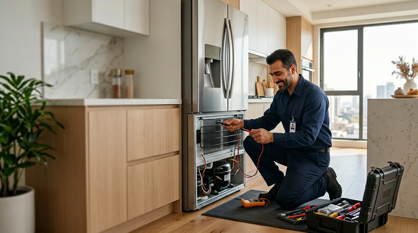 تعمیرکار در حال تعمیر یخچال